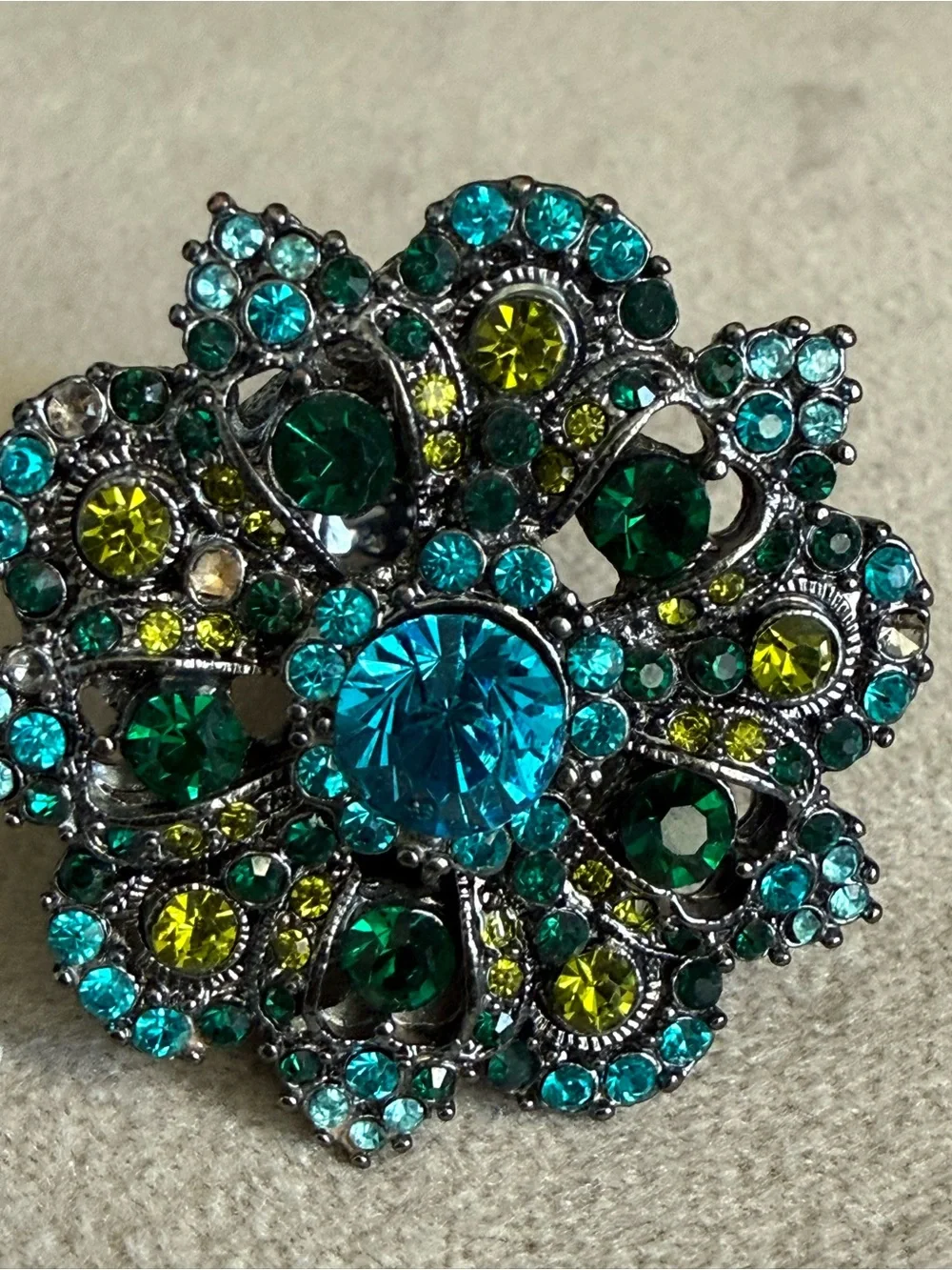 Teal & Emerald Crystal Floral Statement Ring